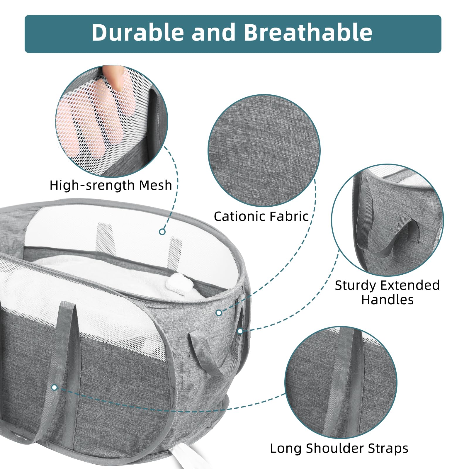 Collapsible Laundry Baskets, Tear Proof Pop Up Laundry Hamper with Dual Handles, Durable Foldable
