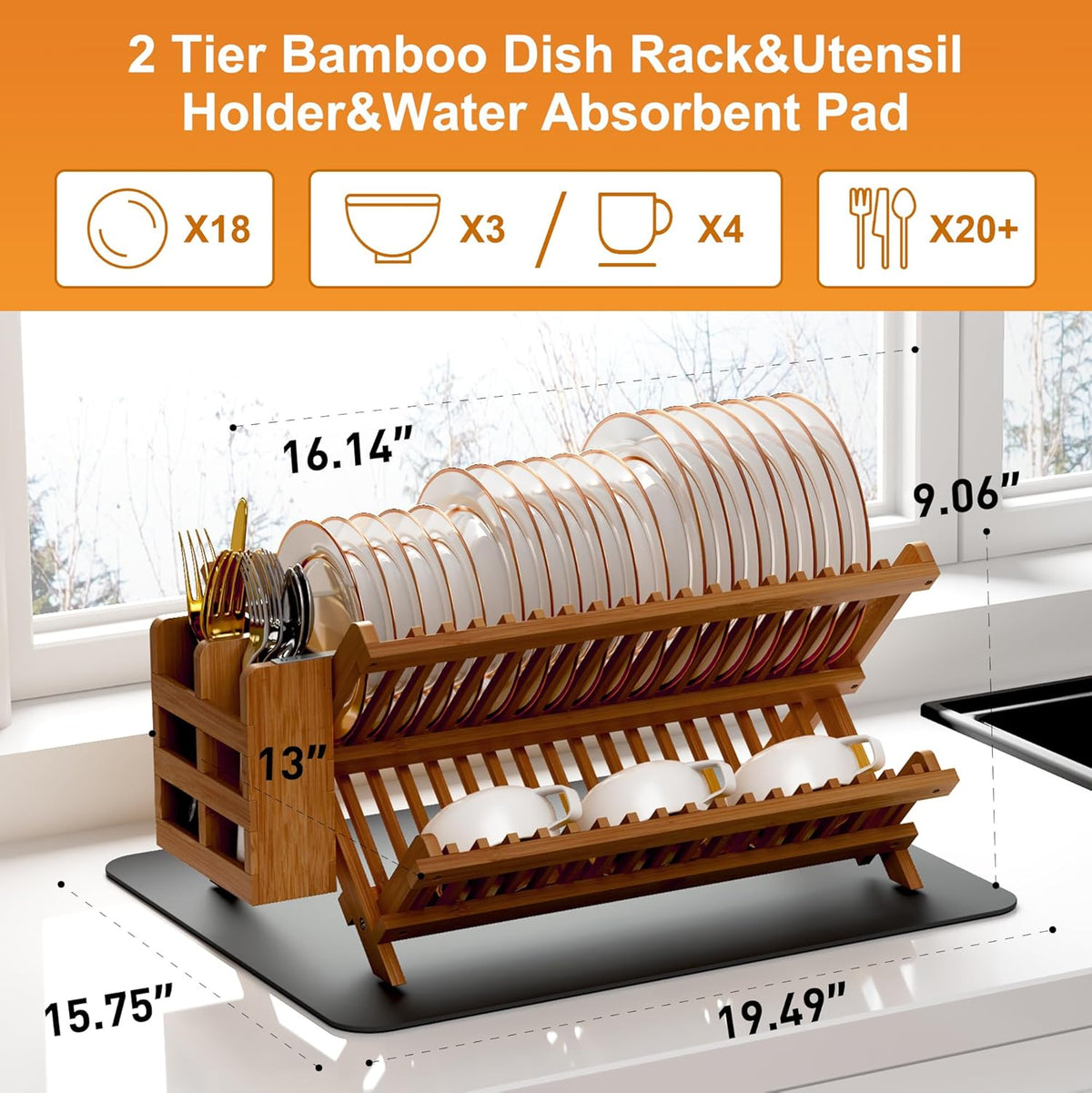 Greenual Teak Dish Drying Rack with Utensil Holder, 2 Tier Collapsible Dish Rack, Wooden Dish Racks