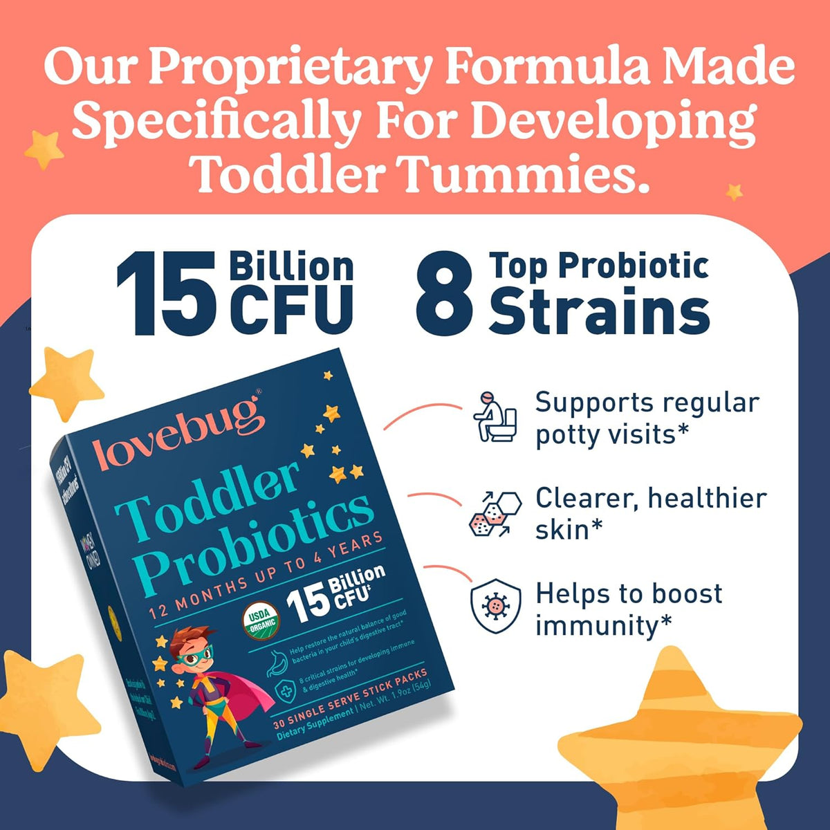Lovebug Award Winning USDA Organic Probiotic for Toddlers & Kids | Multi-Strain 15 Billion CFU |