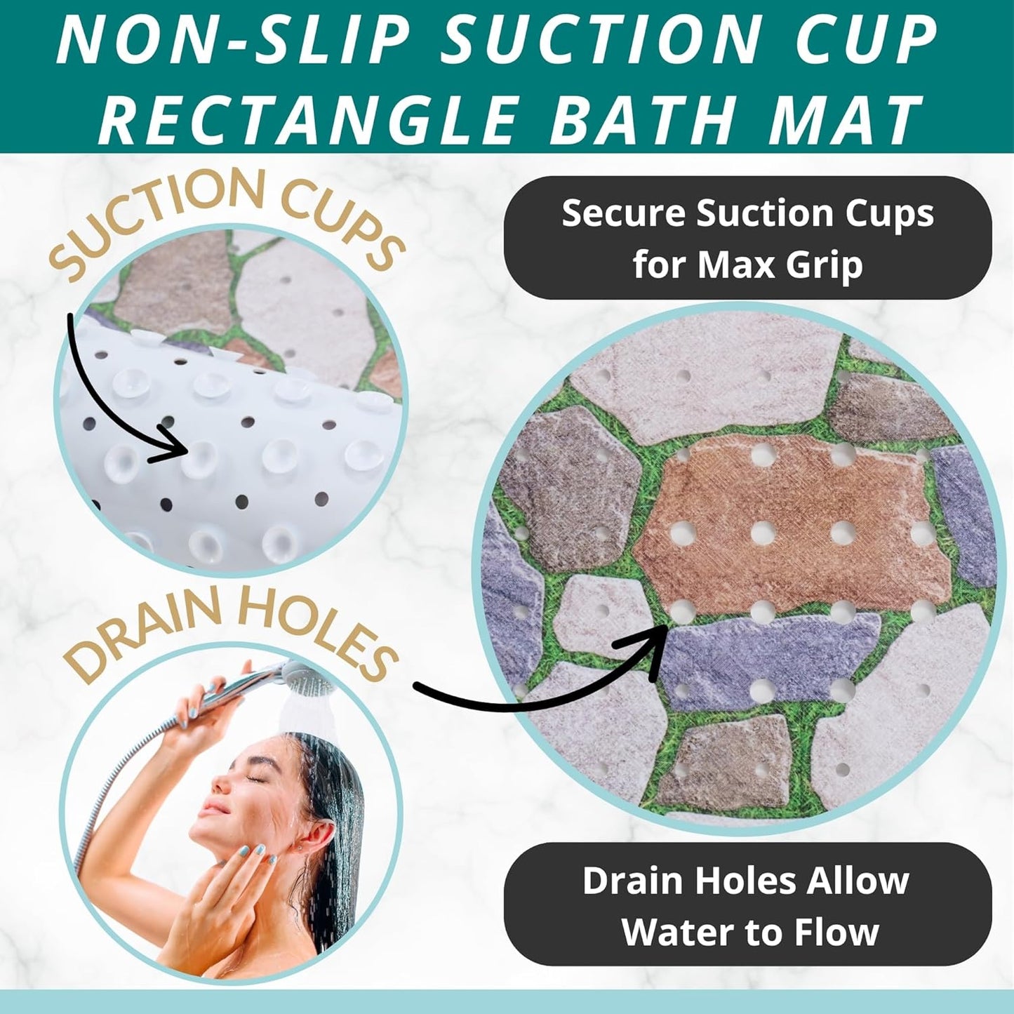 ENKOSI Bath Mat – Large 40 x 16 Inch Non-Slip Bathtub Mat with Secure Suction Cups & Drain Holes