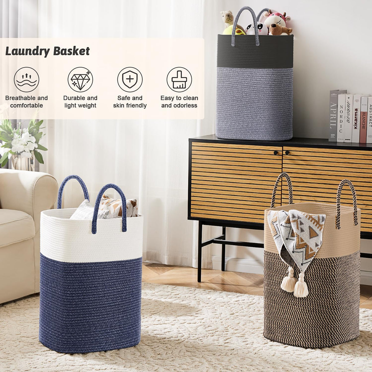 Laundry Basket,Woven Cotton Rope Laundry Hamper,Versatile Storage for Dirty Clothes,Baby Toys,and