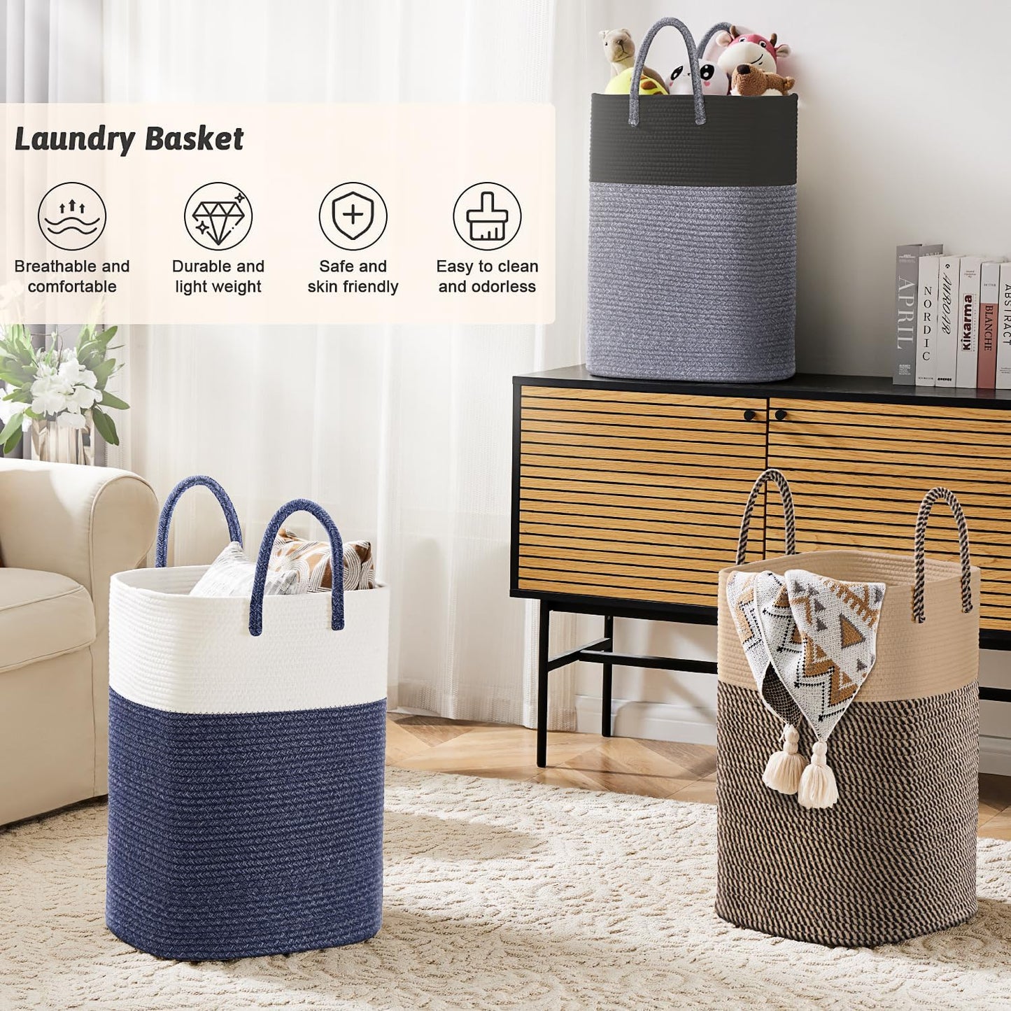 Laundry Basket,Woven Cotton Rope Laundry Hamper,Versatile Storage for Dirty Clothes,Baby Toys,and