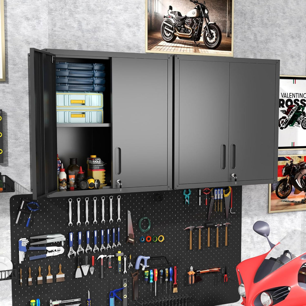 Garage Wall Cabinet with Doors and Shelves, Metal Wall Mounted Storage Cabinet with Lock, Hanging