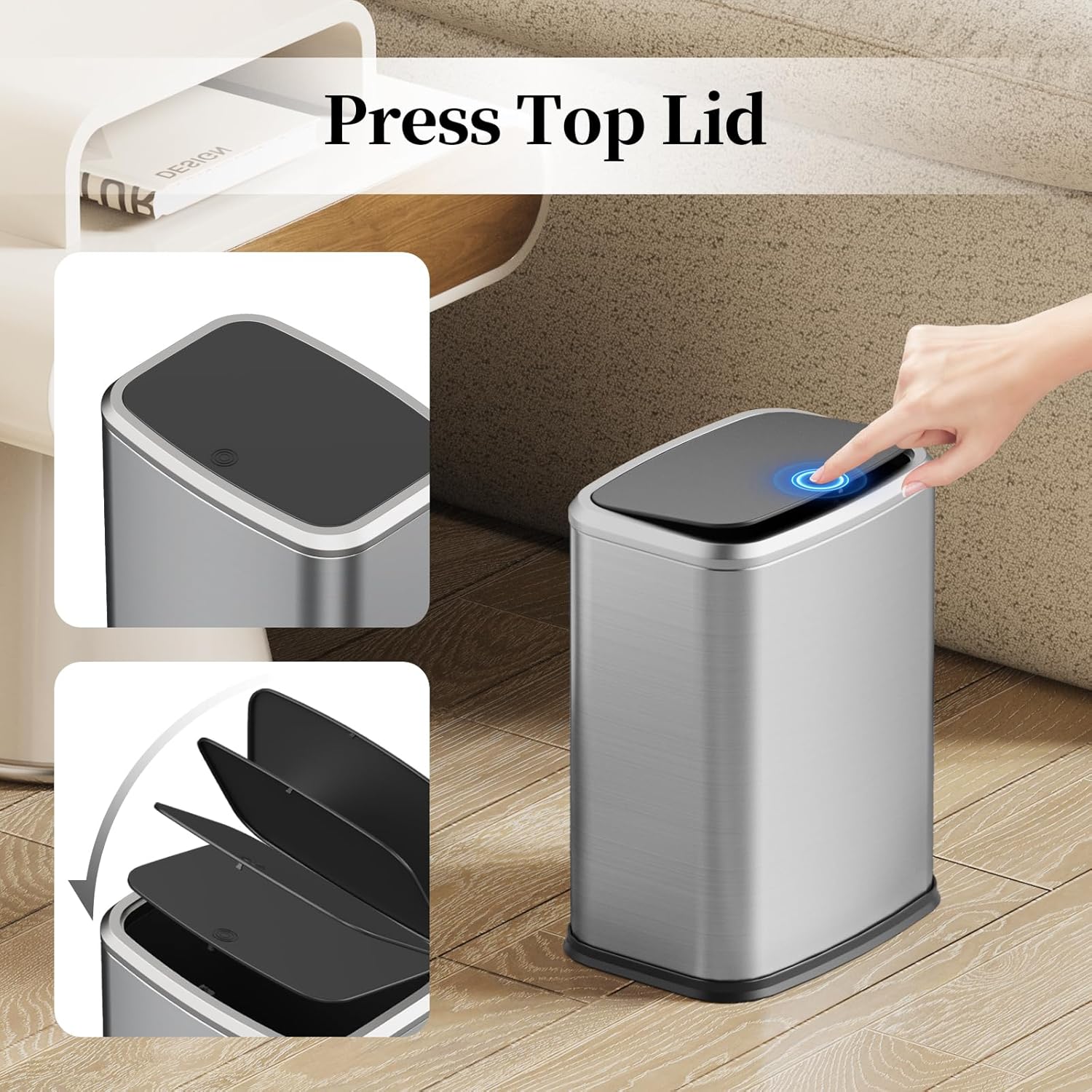 2.1 Gallon Bathroom Trash Can with Lid Press Top, 8 Liter Stainless Steel Garbage Can with Press