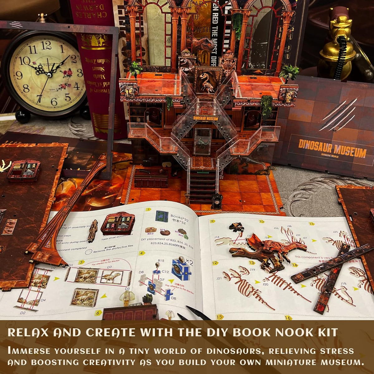 Book Nook Kit for Adults - DIY Dinosaur Museum Booknook, 3D Wooden Dollhouse Puzzle with LED