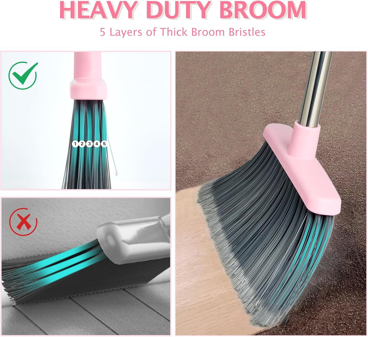 Broom and Dustpan Set, Dustpans with Broom Combo for Home, Heavy Dust Broom and Dustpan Combo, Long