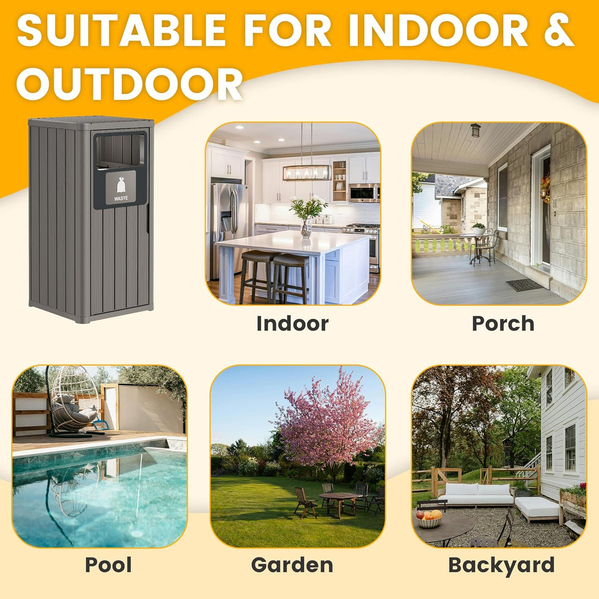Outdoor Trash Can Waterproof Resin Garbage Can with Garbage Labels Outdoor Trash Bin for Patio