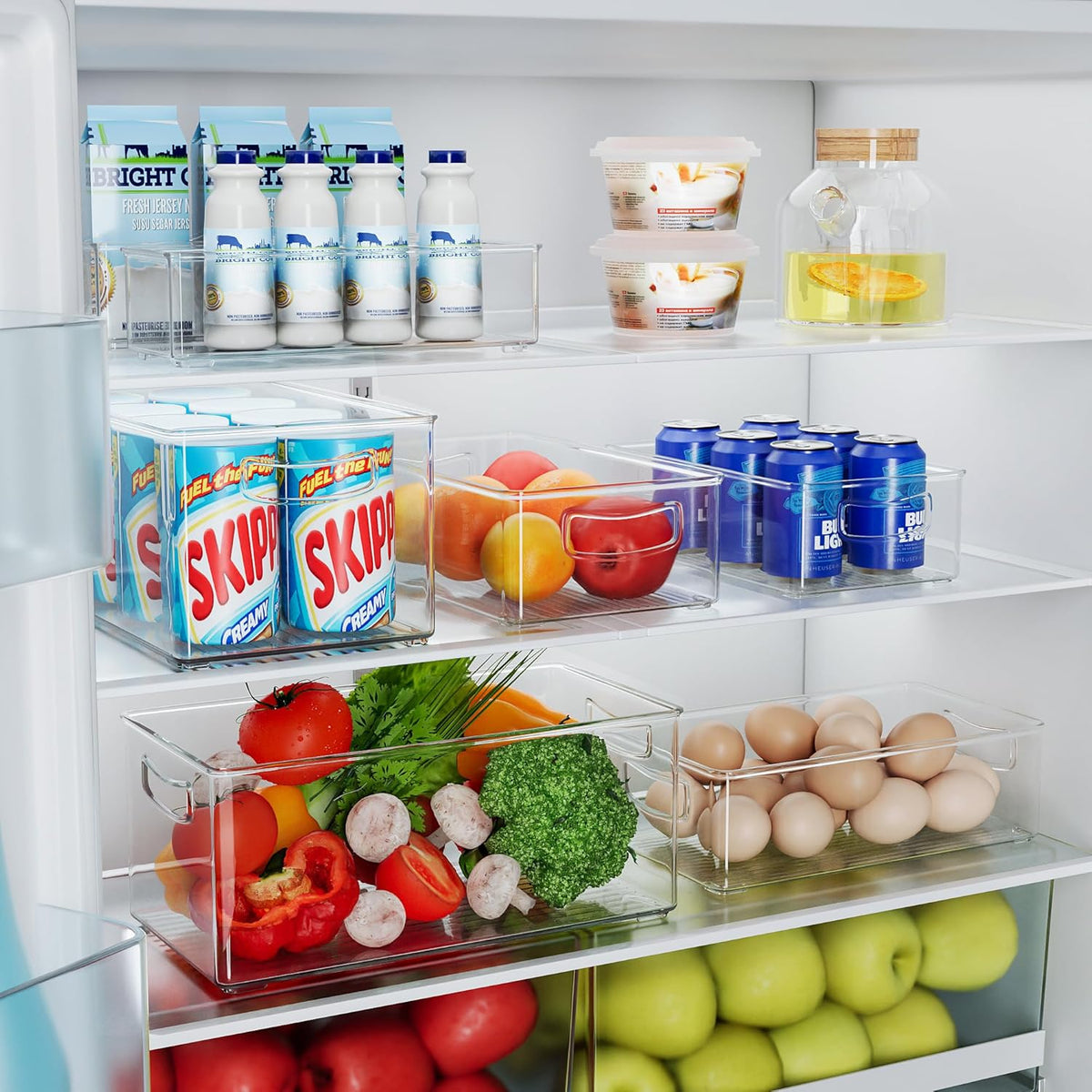 2 Pack Clear Freezer Organizer Bins Stackable Storage Bins with Side Handles for Kitchen Pantry
