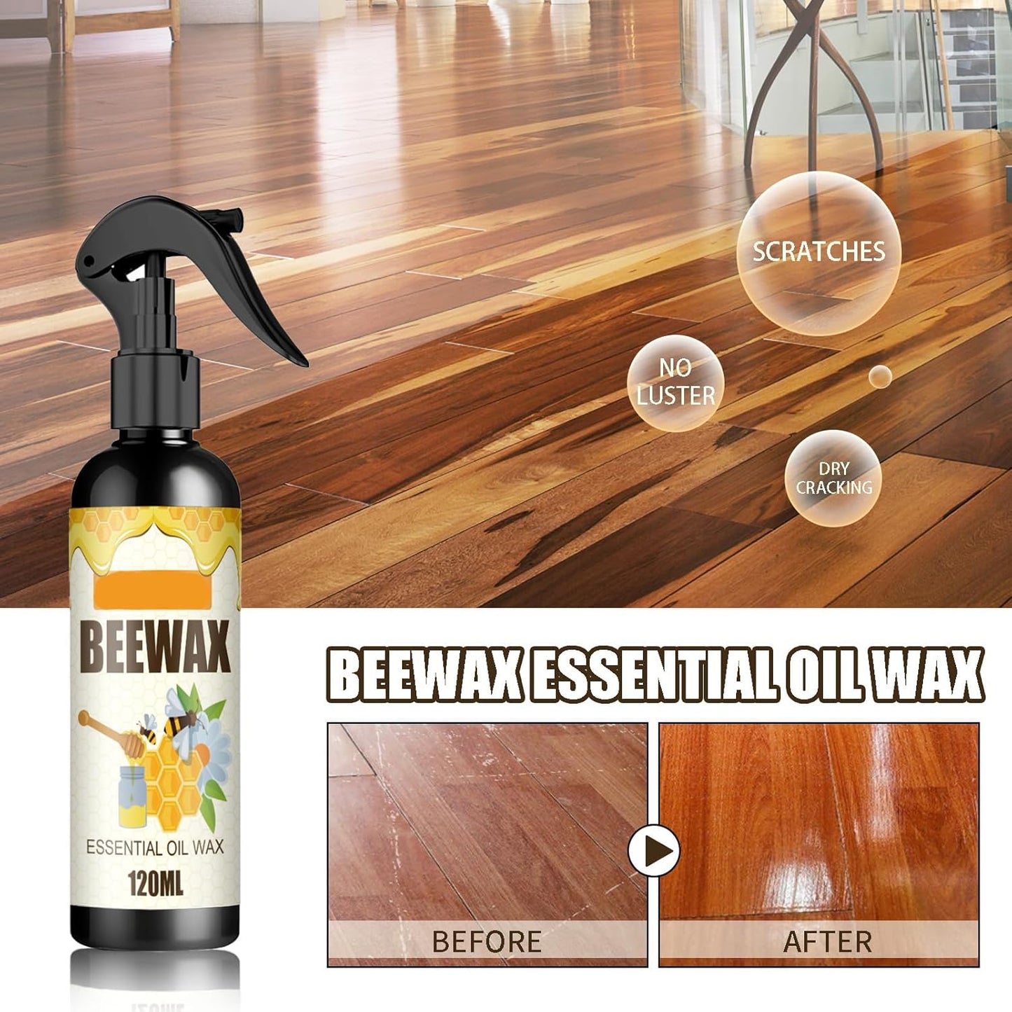 Beeswax Spray Cleaner with Sponge & Towel for Wood Furniture, Natural Beeswax Care For Wood Floors