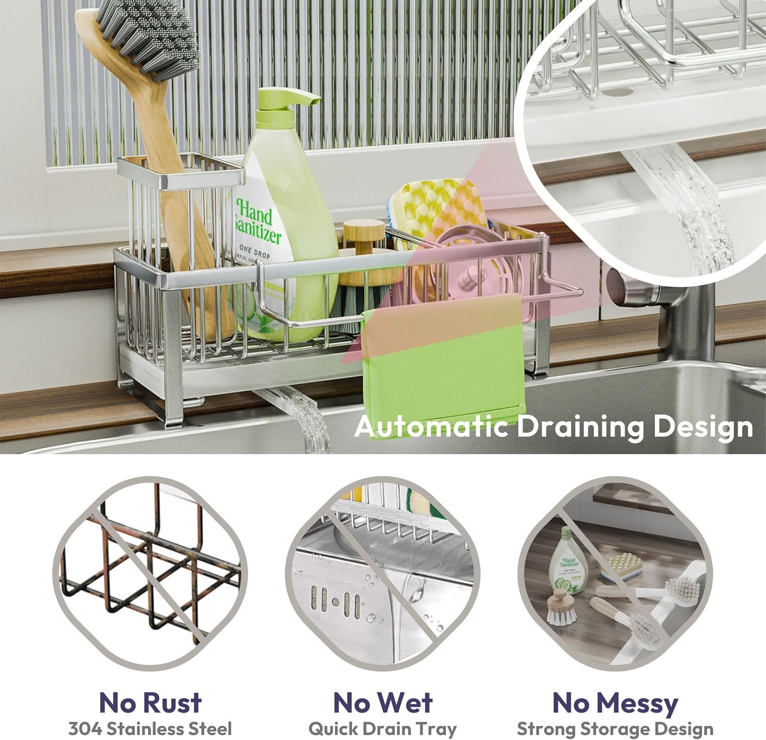 SWTYMIKI Sponge Holder for Kitchen Sink - Sink Caddy with Brush Holder Self-draining Sponge Caddy