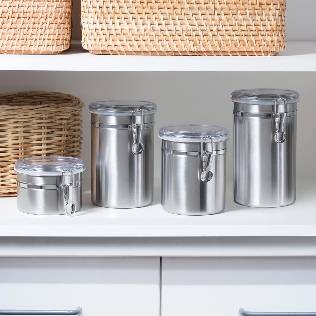 OGGI Stainless Steel Kitchen Canister 26 fl oz - Airtight Clamp Lid, Clear See-Thru Top - Ideal for