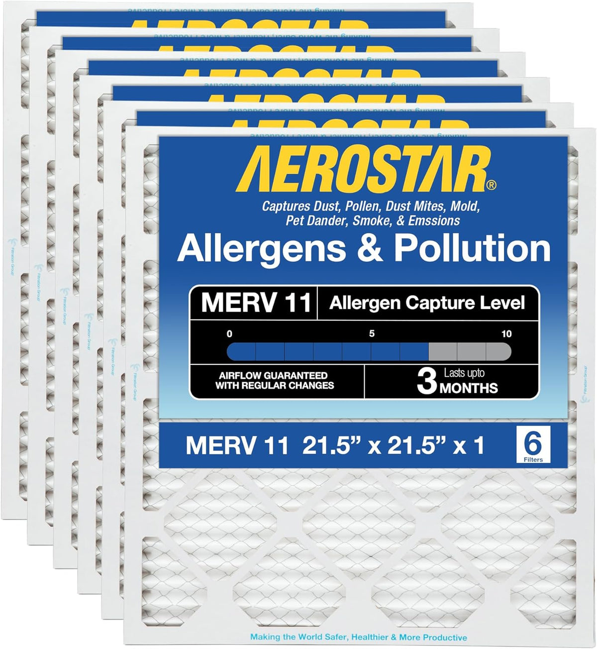 Aerostar 21.5x21.5x1 MERV 11-6 Count - Pleated Furnace & Air Conditioner Filters - Removes Dust