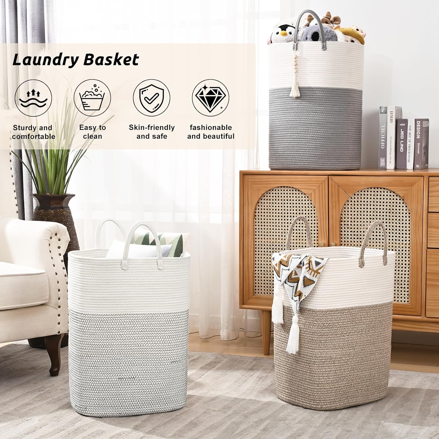Woven Laundry Basket for Clothes, 65L Large Rectangle Laundry Hampers with Beads Tassel, Nursery