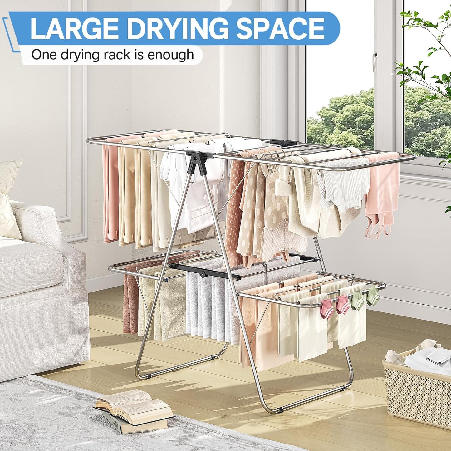 APEXCHASER Clothes Drying Rack with 4 Wings, Stainless Steel Drying Rack Clothing with