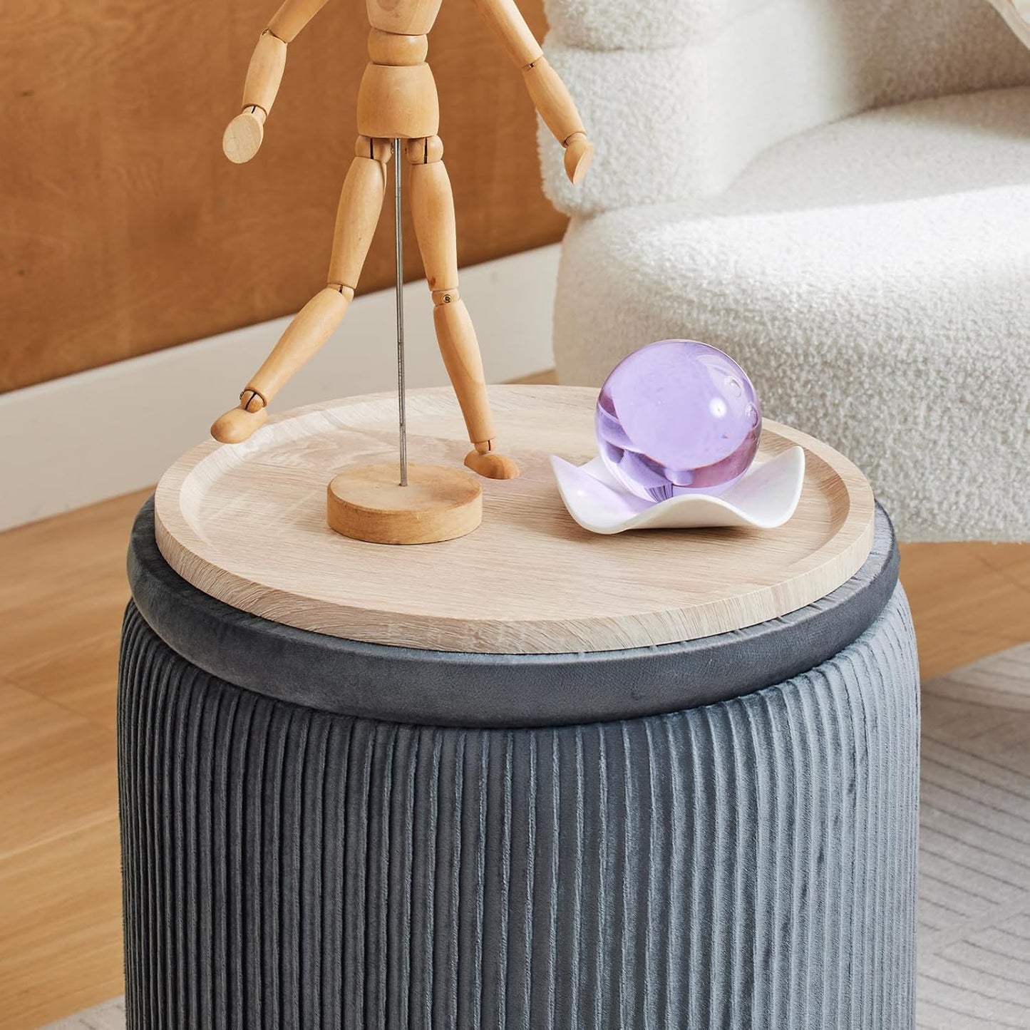Round Ottoman with Storage Set of 2-Upholstered Velvet Vanity Stool for Makeup Multifunctional