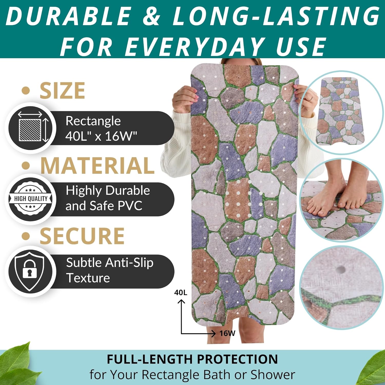 ENKOSI Bath Mat – Large 40 x 16 Inch Non-Slip Bathtub Mat with Secure Suction Cups & Drain Holes