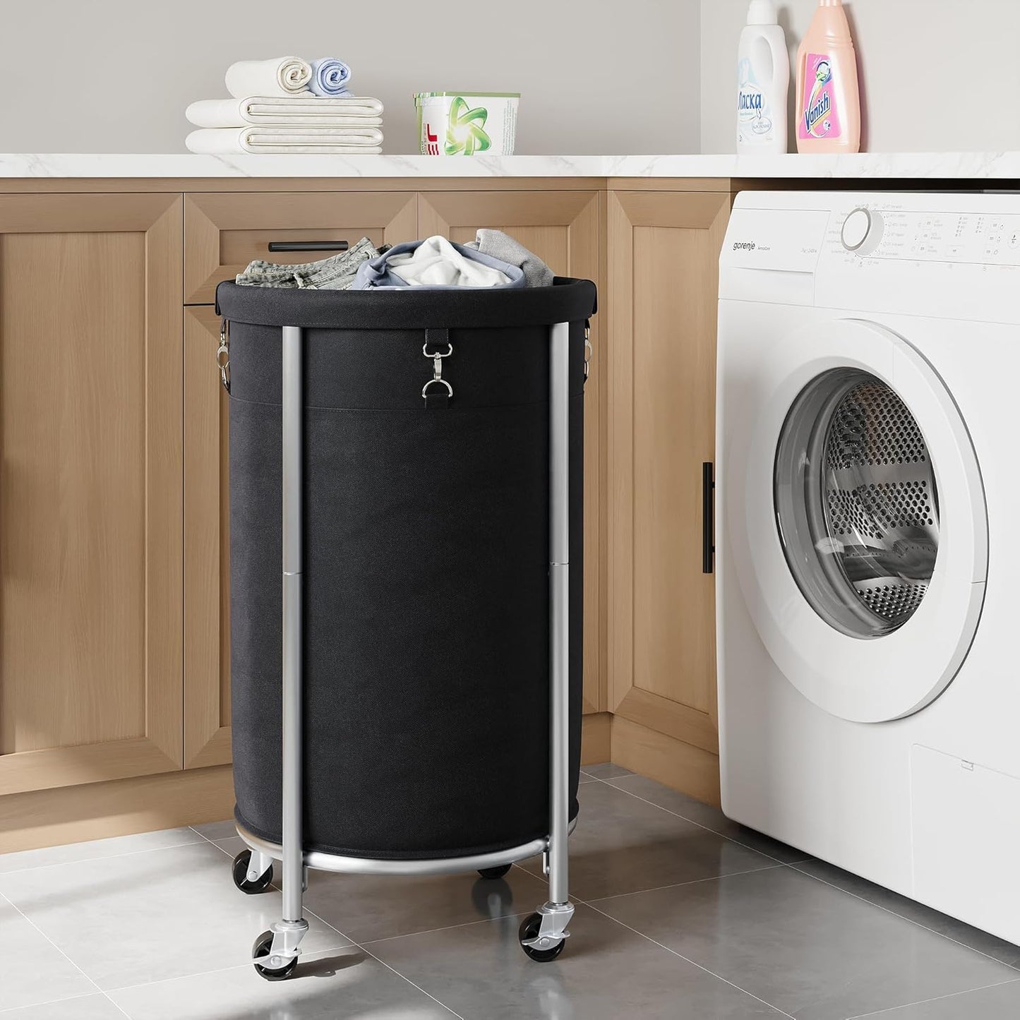 ELYKEN Laundry Hamper with Wheels, 110L Rolling Laundry Basket, Round Laundry Cart with Steel Frame