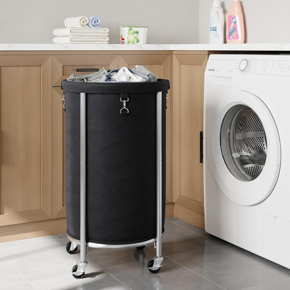 ELYKEN Laundry Hamper with Wheels, 110L Rolling Laundry Basket, Round Laundry Cart with Steel Frame