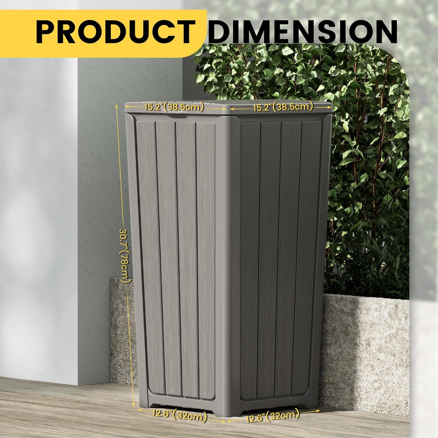 Outdoor Trash Can with Lid, Waterproof Resin Garbage Can with Tiered Lid, Outside Trash Bin for
