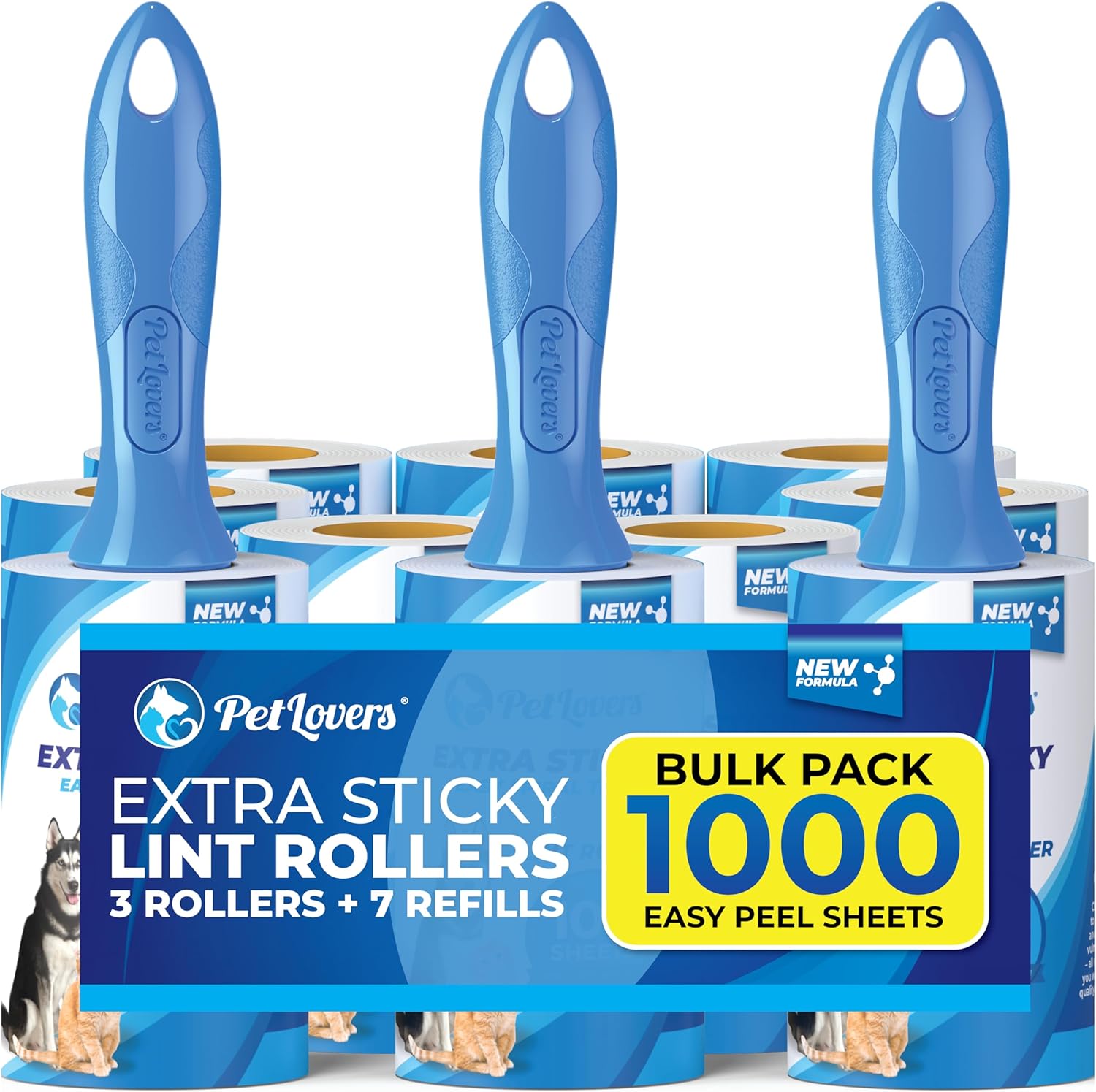 PetLovers Extra Sticky Lint Roller Bulk Value Set 3 Rollers 7 Refills 1,000 Sheets for Pet Hair