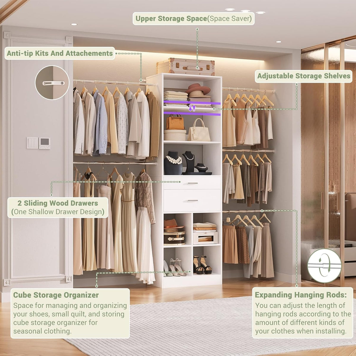 Closet System, 4-8 FT Closet Organizer Tower with 2 Wooden Drawers and Shelves, Can Fit 60 to 96