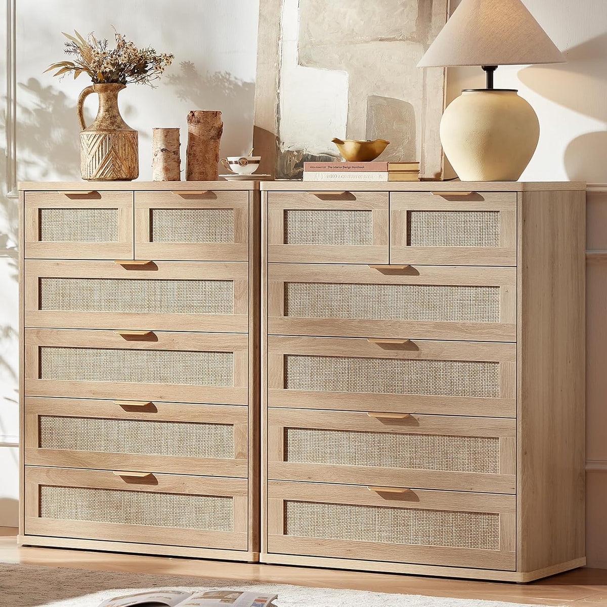 LEYAOYAO Rattan Dresser for Bedroom Set of 2, 42" Tall Chest of Drawers, Modern 6 Drawers Boho