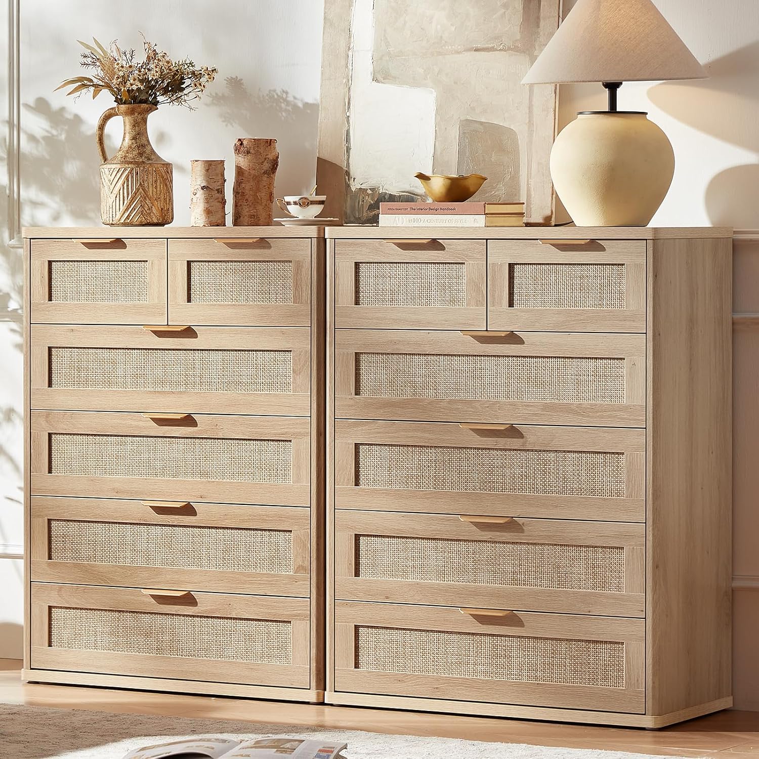 LEYAOYAO Rattan Dresser for Bedroom Set of 2, 42" Tall Chest of Drawers, Modern 6 Drawers Boho