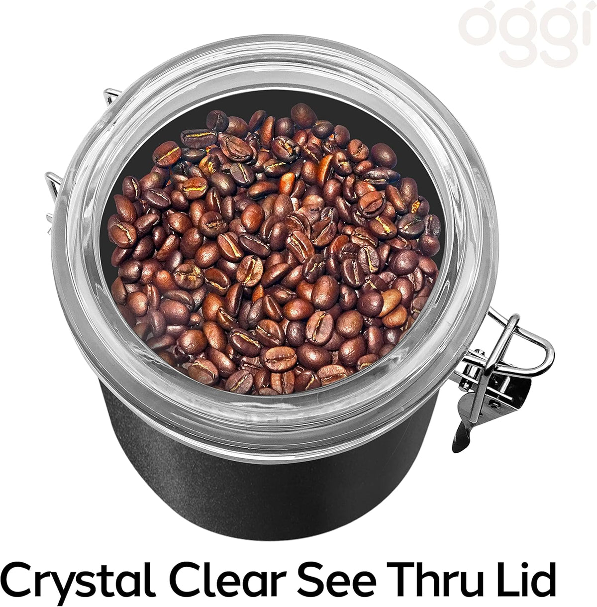 Oggi Stainless Steel Kitchen Canister 36 fl oz, Black - Airtight Clamp Lid, Clear See-Thru Top