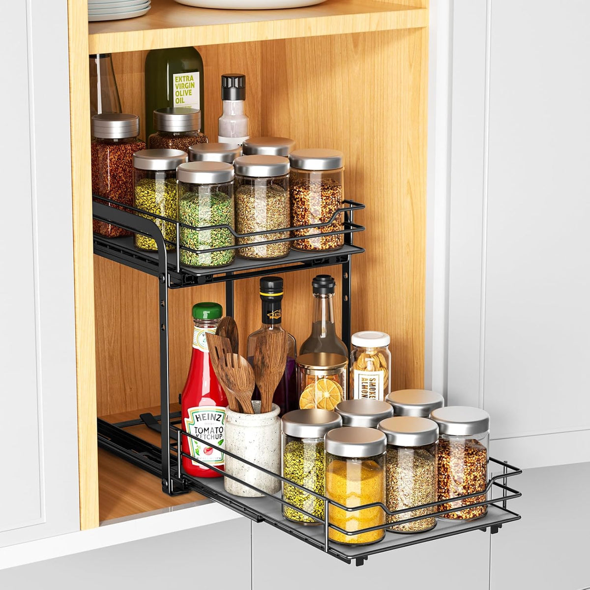 RCHYFEED Spice Rack, 2 Tier Pull out Cabinet Spice Organizer, Height Adjustable Slides out