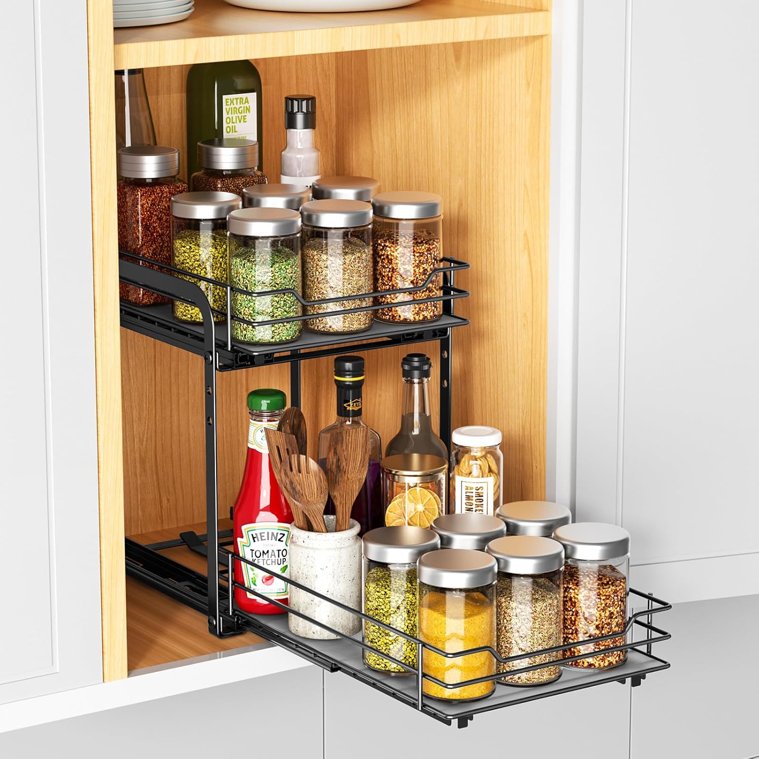 RCHYFEED Spice Rack, 2 Tier Pull out Cabinet Spice Organizer, Height Adjustable Slides out