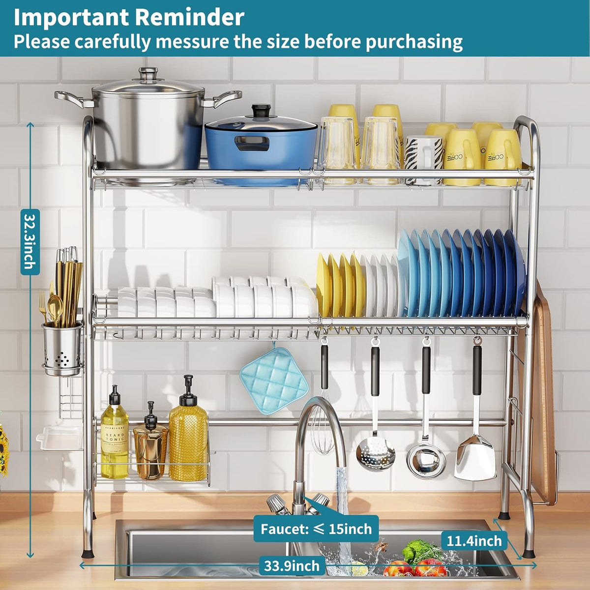 HOWDIA Stainless Steel 2-Tier Over The Sink Dish Drying Rack with Utensil Holder, Large, for