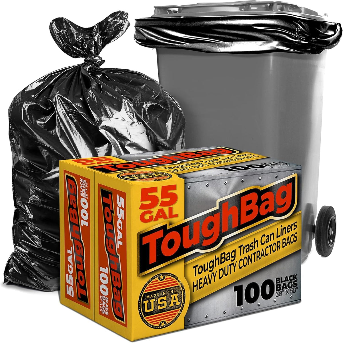 ToughBag 55 Gallon Trash Bags Heavy Duty (100 Count) - 50-60 Gallon Black Garbage Bags, Large Trash