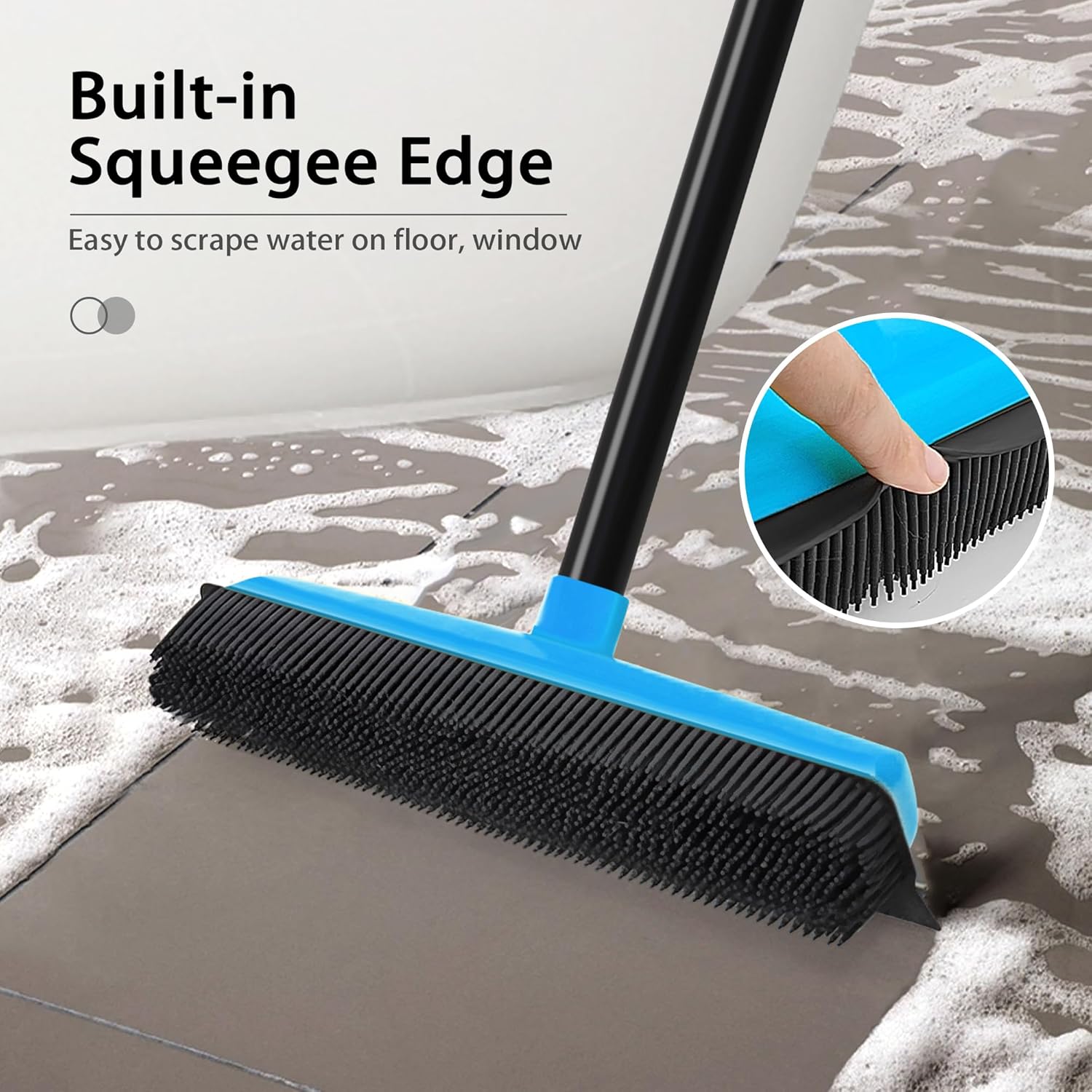 JEHONN Rubber Broom Carpet Rake Brush for Pet Hair with Squeegee, 52.8 inches Long Handle Silicone