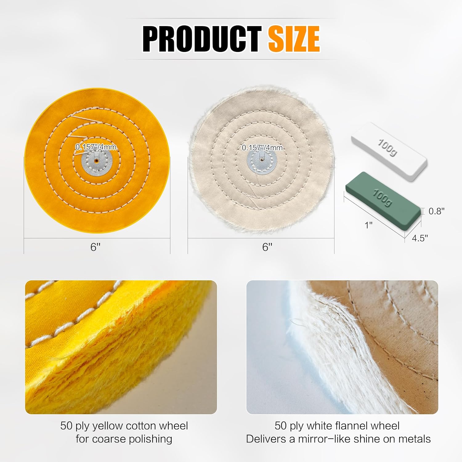 6pcs Buffing Wheel Kit Includes 4pcs 6 Inch Polishing Pads and 2pcs Polishing Compounds, for Bench
