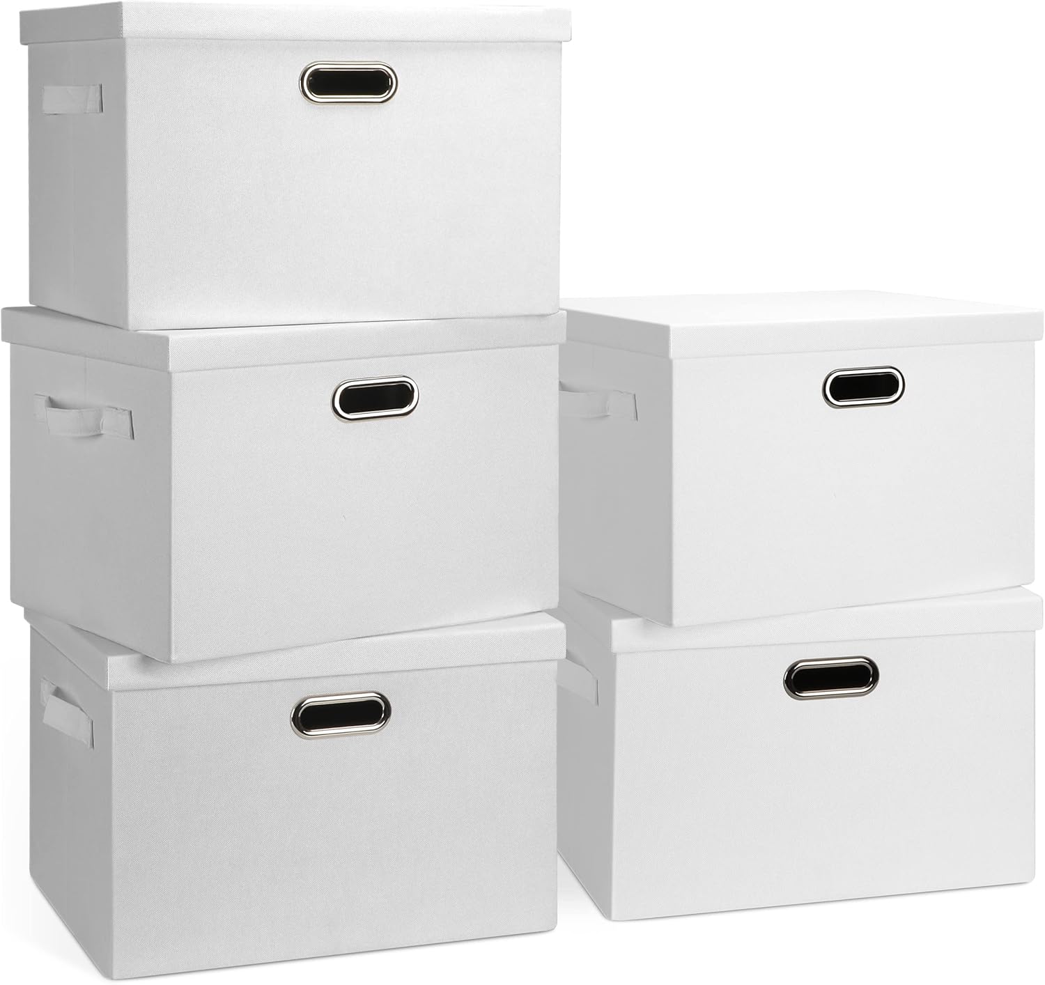 Large 17" 36 Quart Collapsible Stackable Storage Bins with Lids, 5 Packs White Linen Fabric Closet