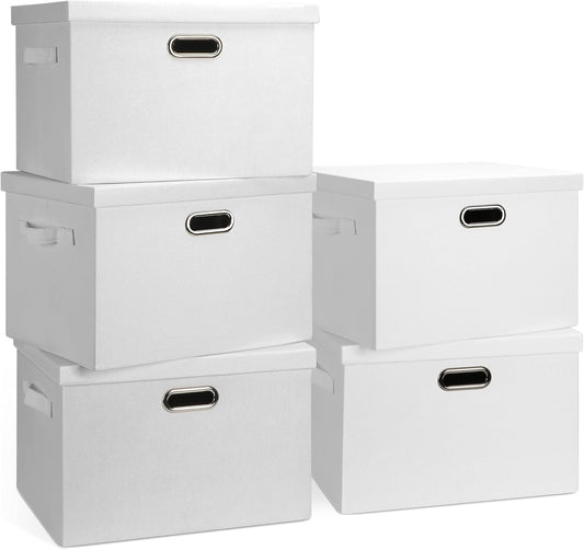 Large 17" 36 Quart Collapsible Stackable Storage Bins with Lids, 5 Packs White Linen Fabric Closet