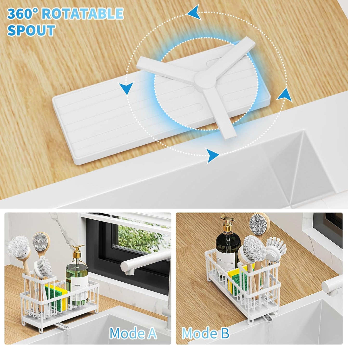 Cisily White Sponge Holder for Kitchen Sink, Sink Caddy Organizer with High Brush Holder, Kitchen