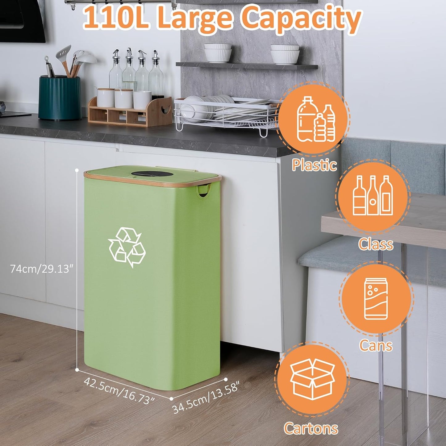 29 Gallons Recycling Bins for Kitchen, Indoor Recycle Bins with Lid, 110L Large Recycle bin with 2