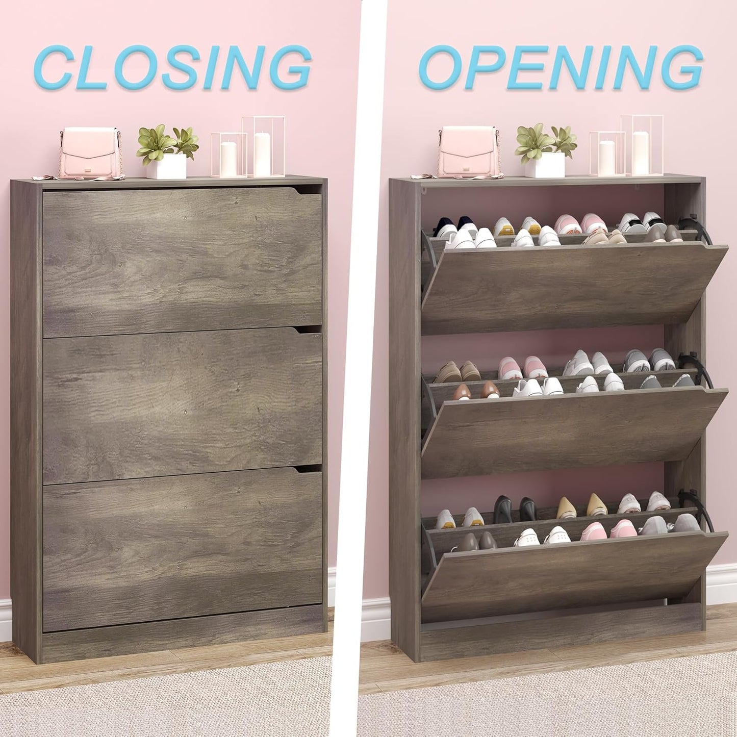 Shoe Cabinet with 3 Flip Drawers, Hidden Wood Shoe Cabinet,Freestanding Shoe Storage Cabinet for