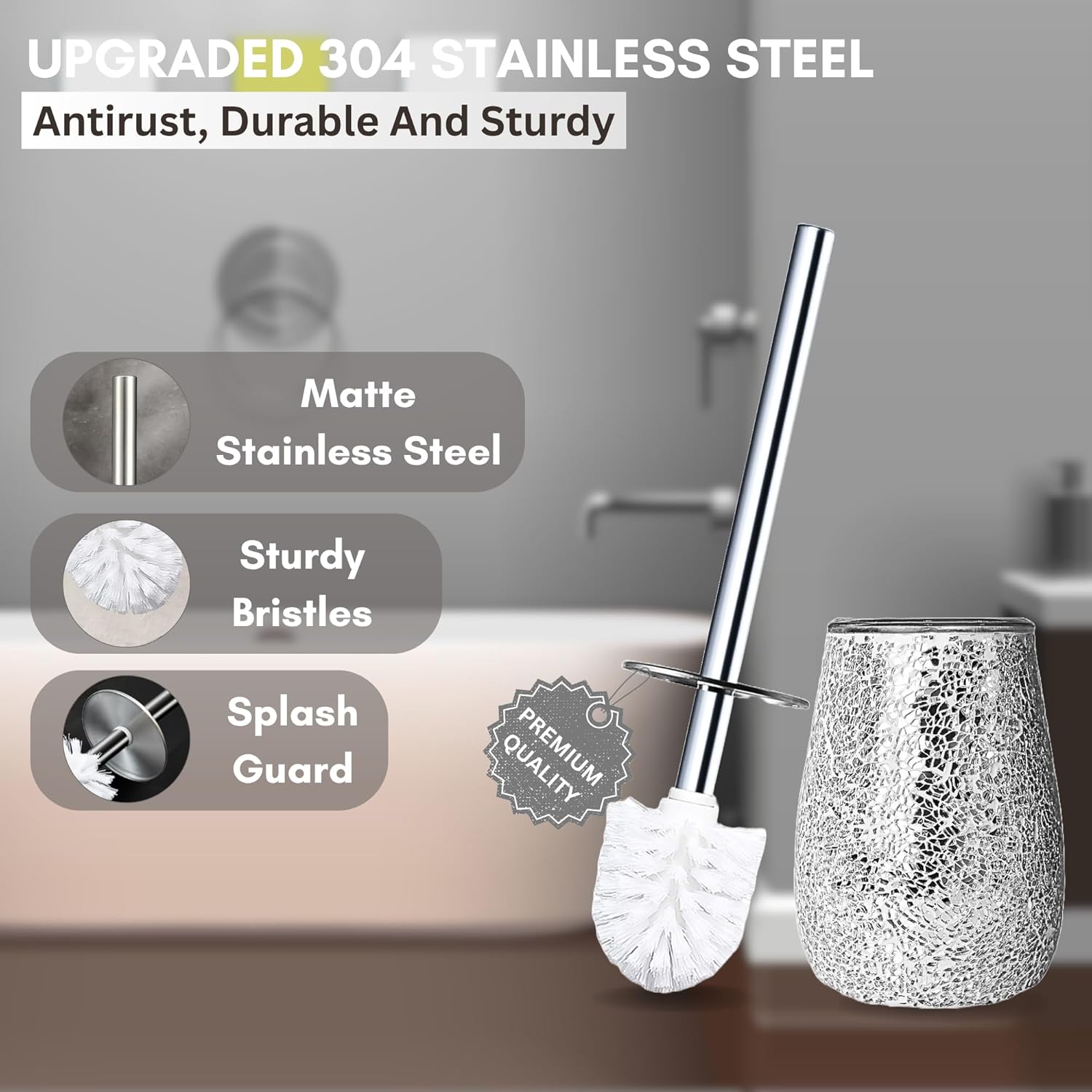 Escenzy Modern Toilet Brush and Holder Set Mosaic Glass | Non-Rustic Stainless Steel | Practical &