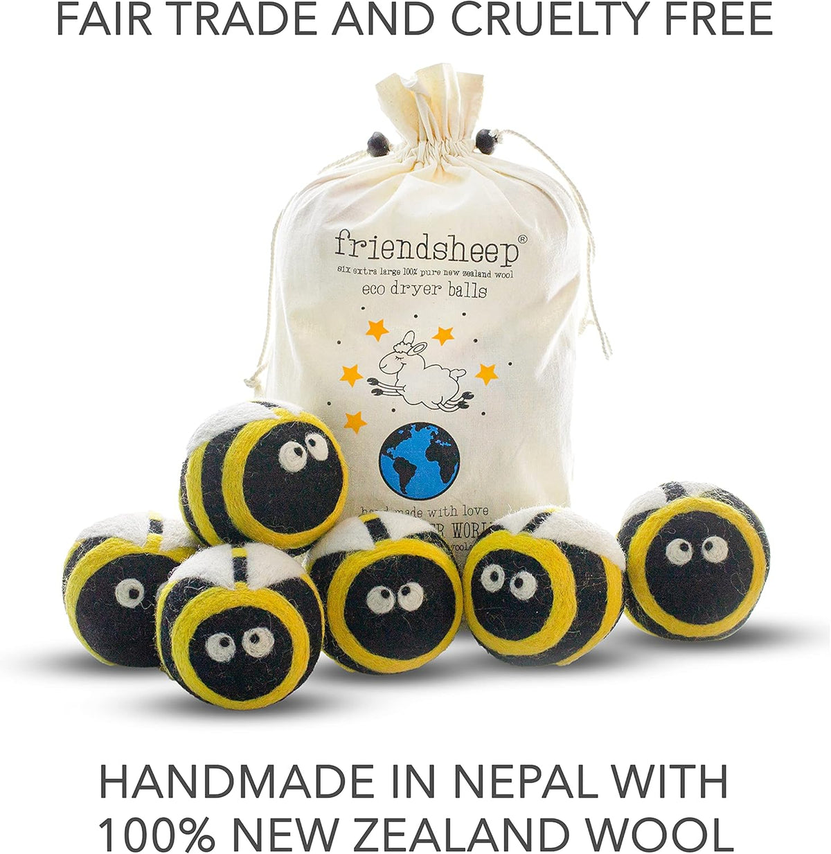 Friendsheep Wool Dryer Balls 6 Pack XL Organic Premium Reusable Cruelty Free Handmade Fair Trade No
