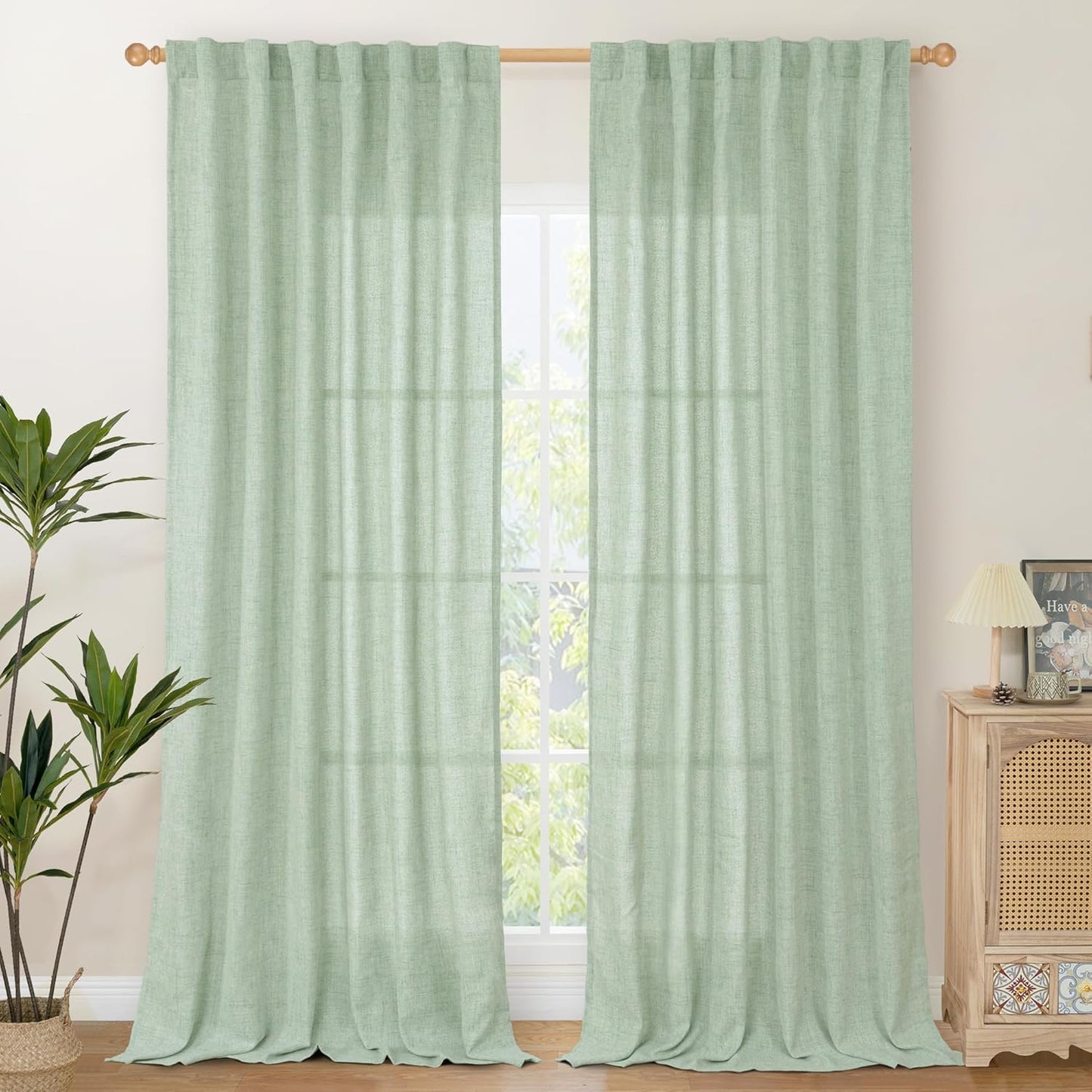 YoungsTex Light Green Linen Semi Sheer Curtains 84 Inch Length 2 Panels for Living Room, Sage Boho