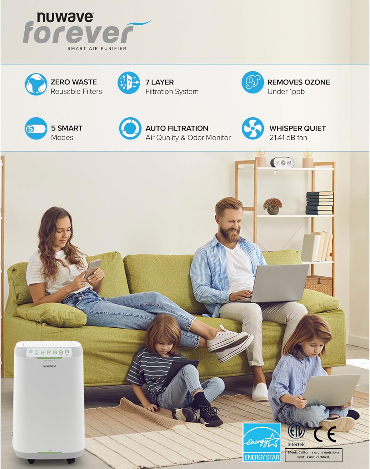 Nuwave Forever Air Purifier for Home Large Room Up to 2,002 Ft², Dual Sensors, 7 Easy to Clean &