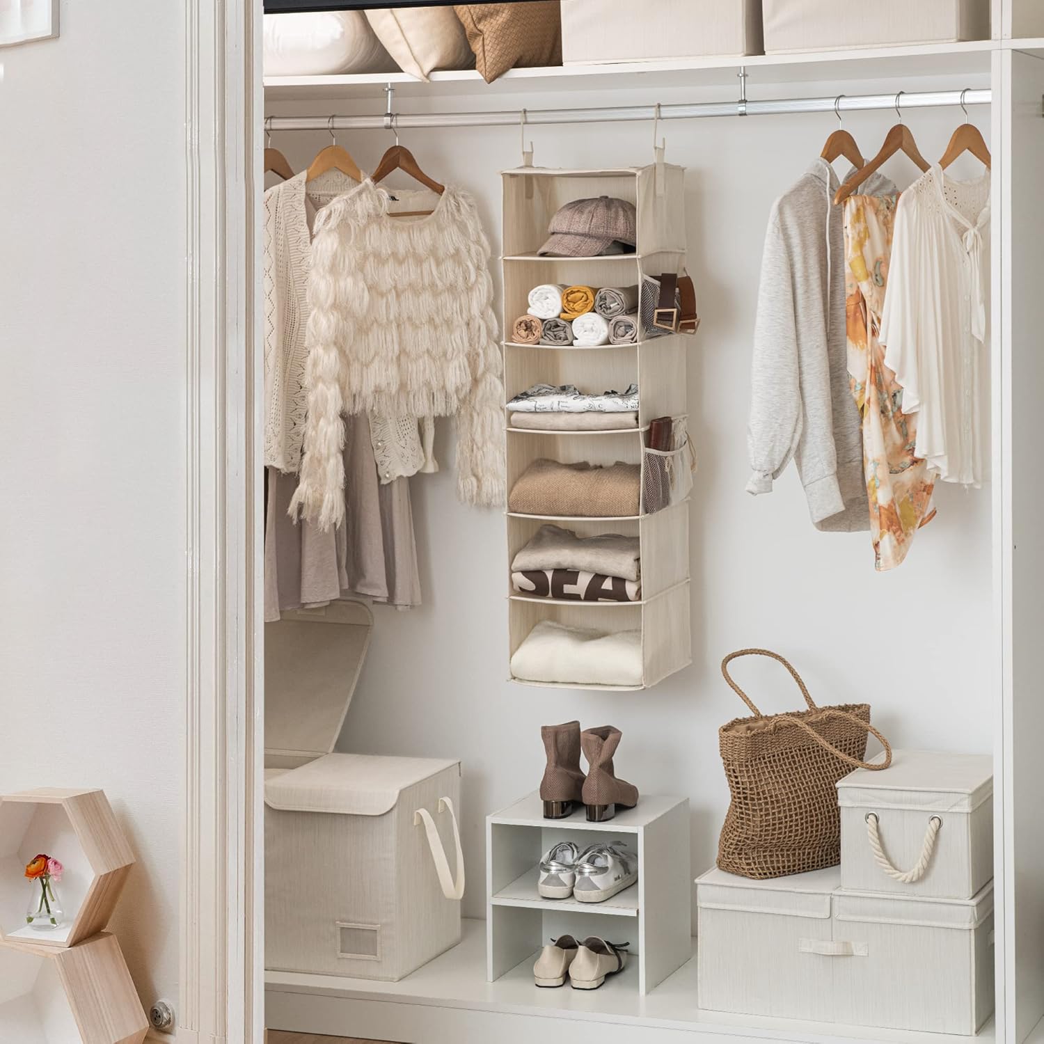 StorageWorks 6-Shelf Hanging Closet Organizer, Hanging Shelves for Closet, Fabric, Mixing of Beige