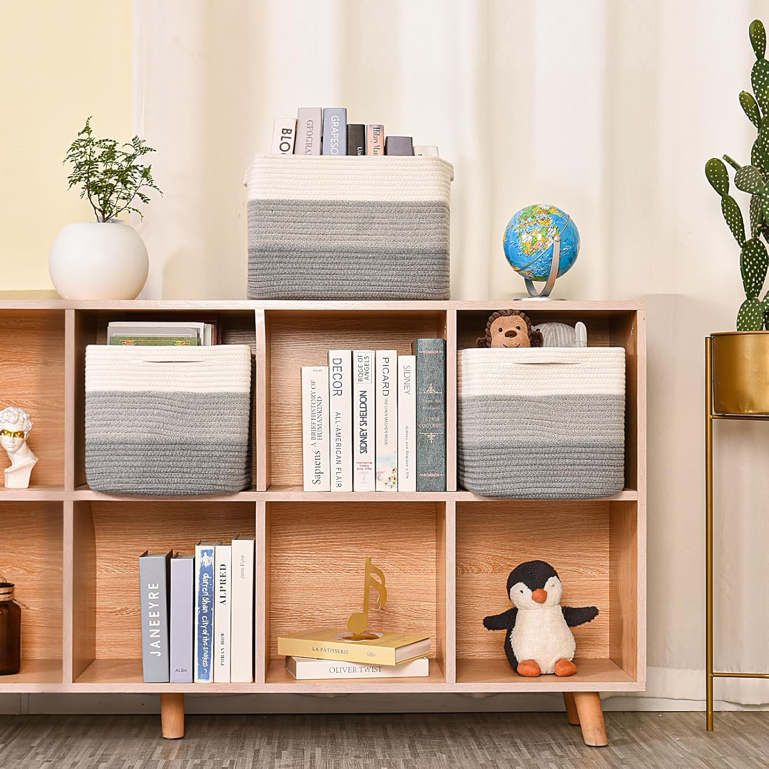 Storage Baskets for Organizing Shelves, Woven Cotton Rope Baskets for Storage Books Towels Toys
