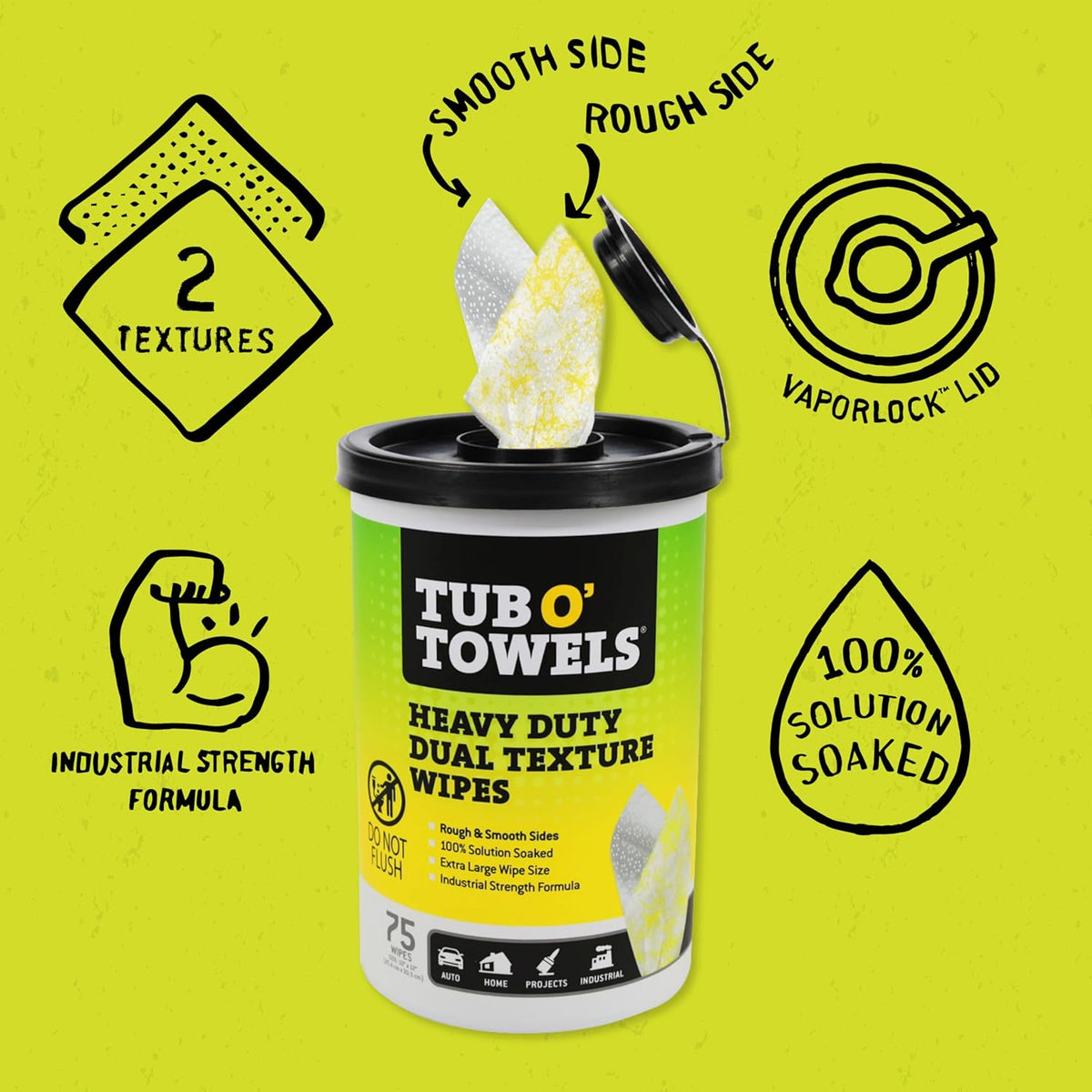 Tub O’ Towels TW75 Heavy-Duty 10" x 12" Size Multi-Surface Cleaning Wipes, Dual Texture, 75 Count