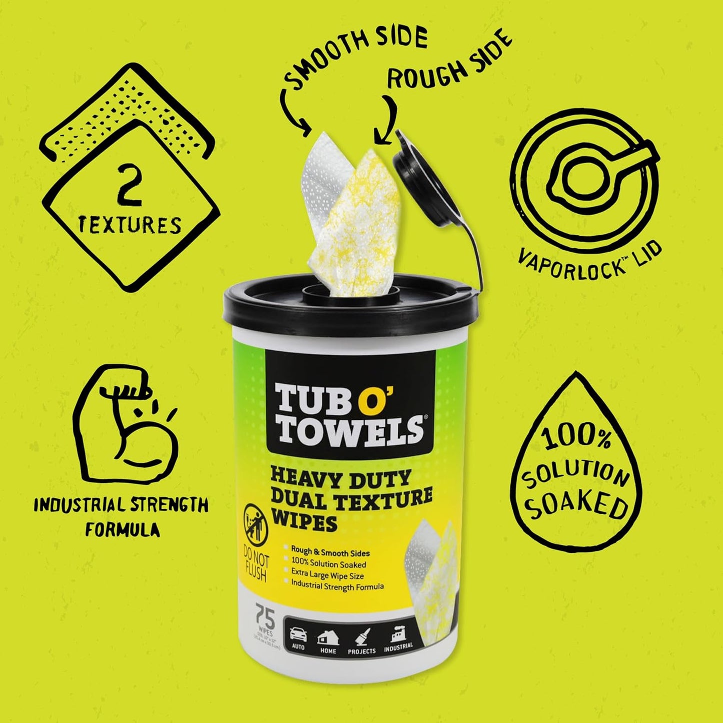 Tub O’ Towels TW75 Heavy-Duty 10" x 12" Size Multi-Surface Cleaning Wipes, Dual Texture, 75 Count
