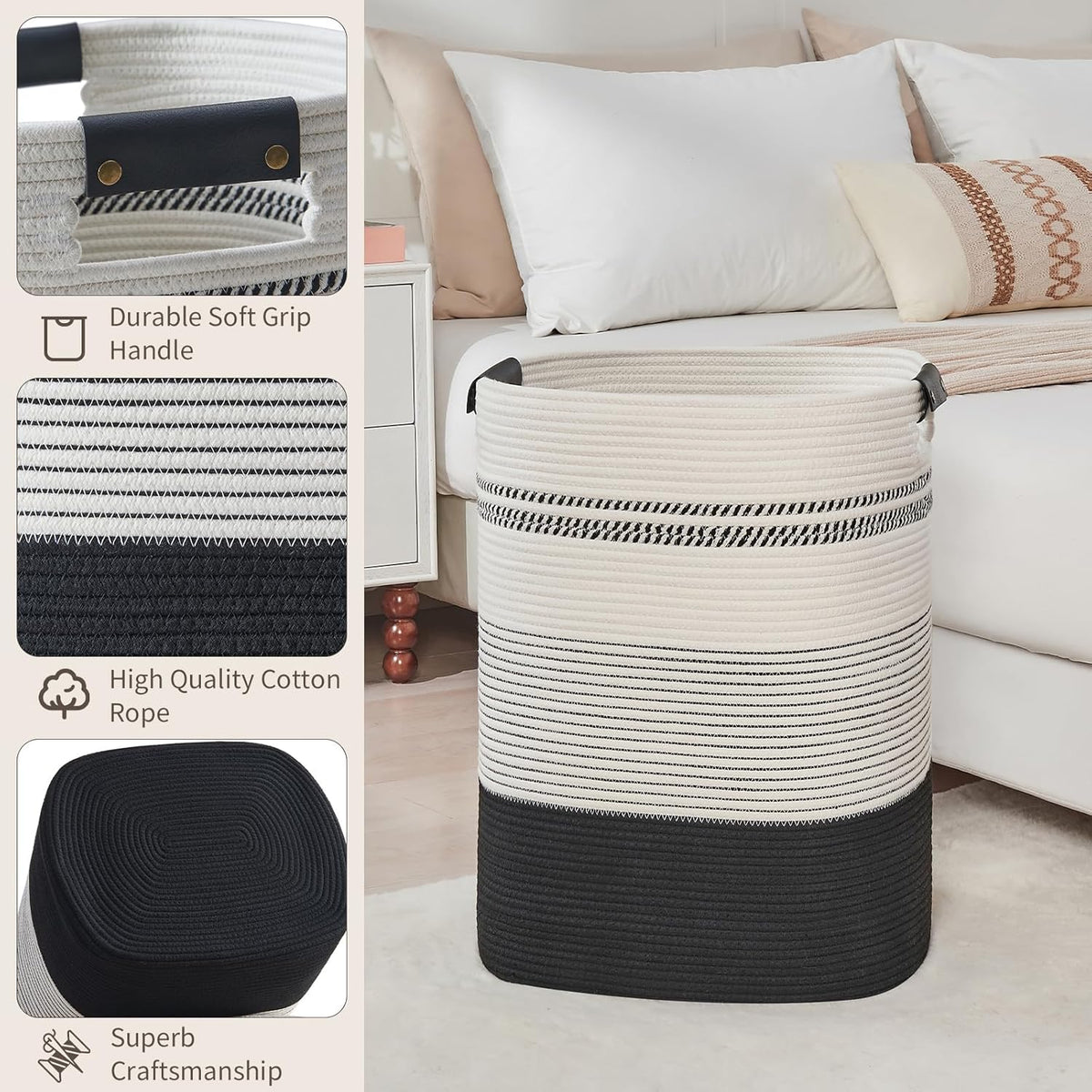 Laundry Basket with Handles - Blanket Basket & Hampers for Bedroom Aesthetic, Laundry Hamper &