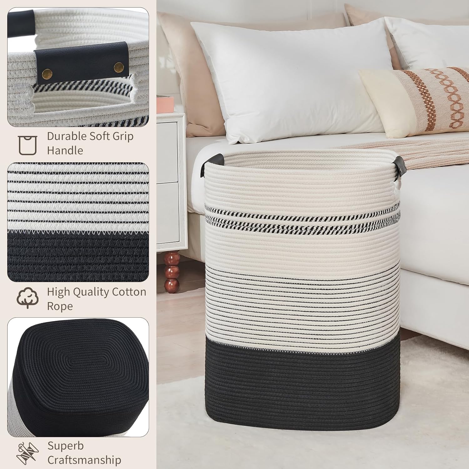 Laundry Basket with Handles - Blanket Basket & Hampers for Bedroom Aesthetic, Laundry Hamper &