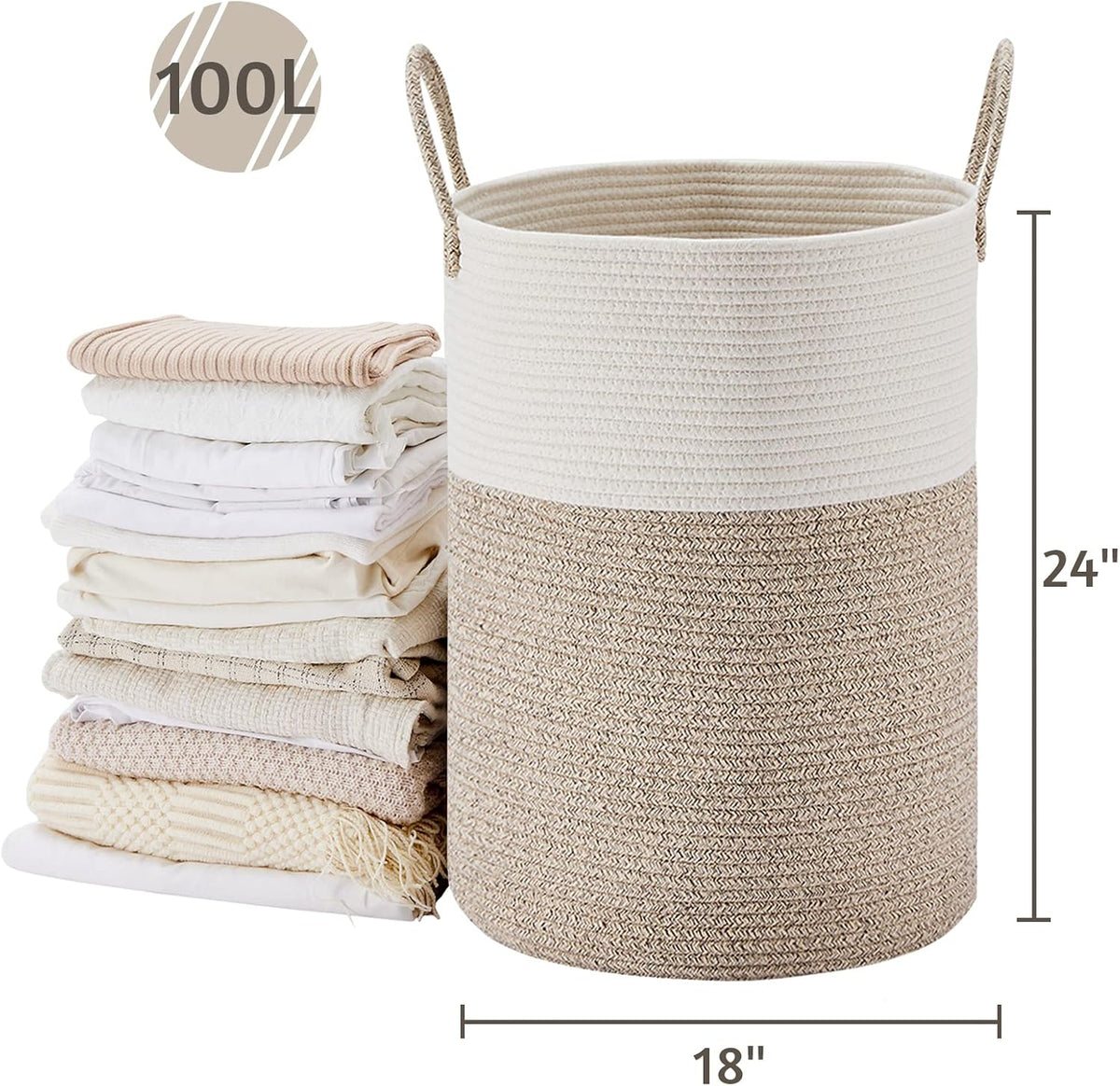 VIPOSCO Large Laundry Hamper, Tall Woven Rope Storage Basket for Blanket, Toys, Dirty Clothes in